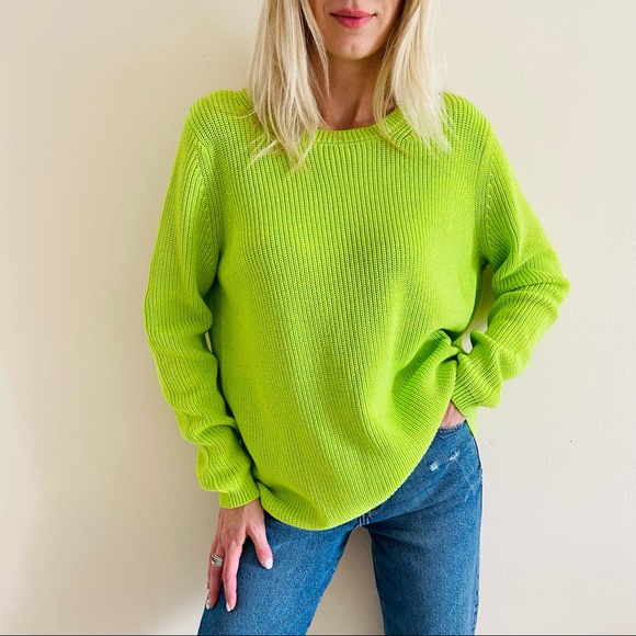 New 525 neon green ribbed knit cotton pullover sweater jumper - Picture 3 of 8